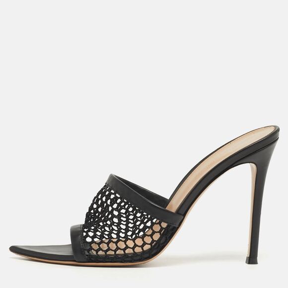 Gianvito Rossi Shoes - Gianvito Rossi Alisia Black Mesh And Leather Slide Sandals Size 39